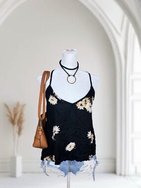 Volcom Black Floral Spaghetti Strap Cami with Cream Yellow Blooms